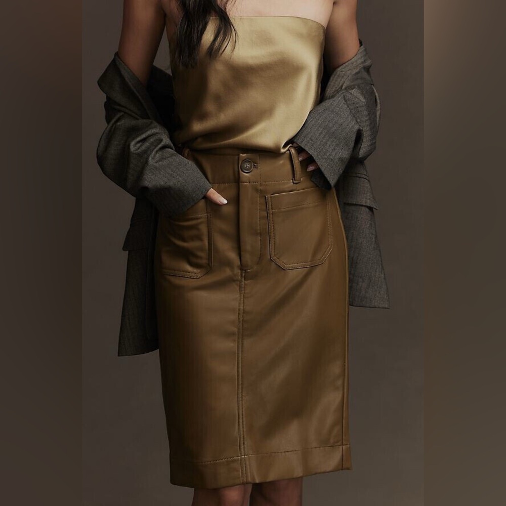 Anthropologie Maeve NEW  brown faux leather  button with pockets Pencil Skirt